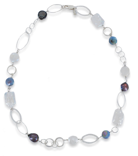 White Baroque, Peacock Florin & Black Freshwater Pearls