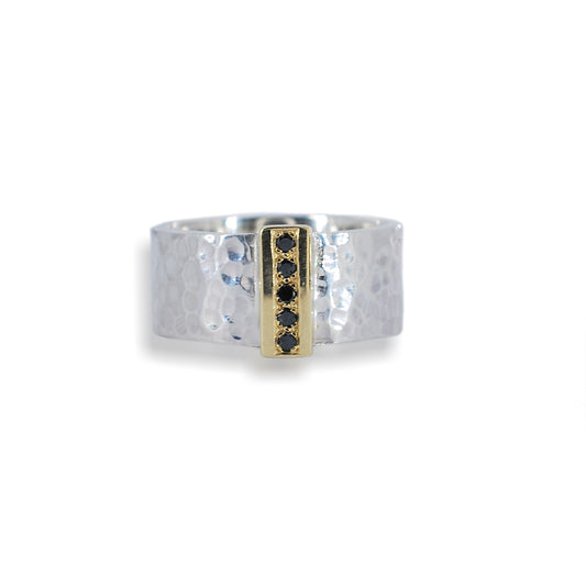 Silver Diamond Textured & 9ct Yellow Gold Black Diamond Ring