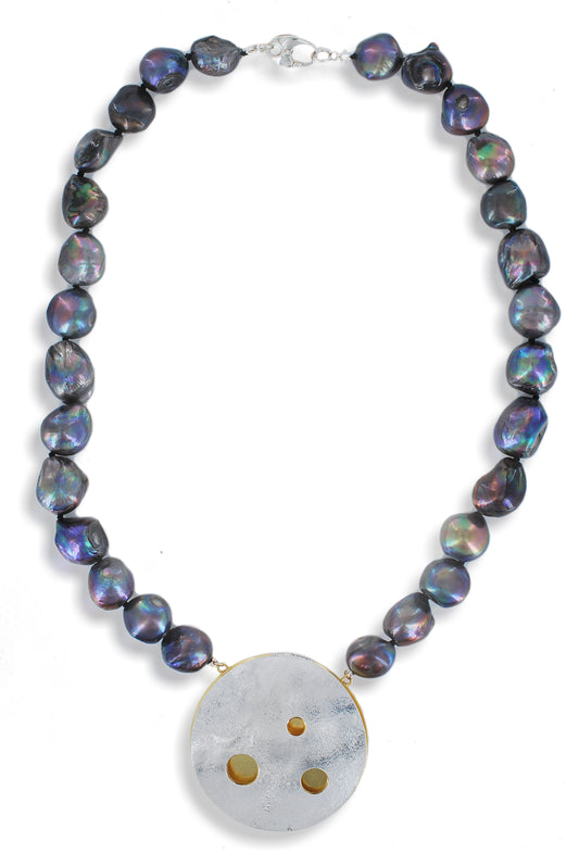 Black Freshwater Pearls with Large Round Silver & Gilt Feature Pendant