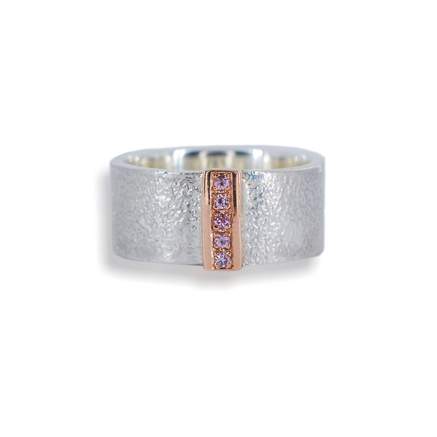 Silver Diamond Textured & 9ct Rose Gold Pink Sapphire Ring