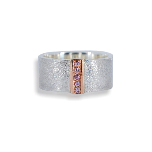 Silver Diamond Textured & 9ct Rose Gold Pink Sapphire Ring