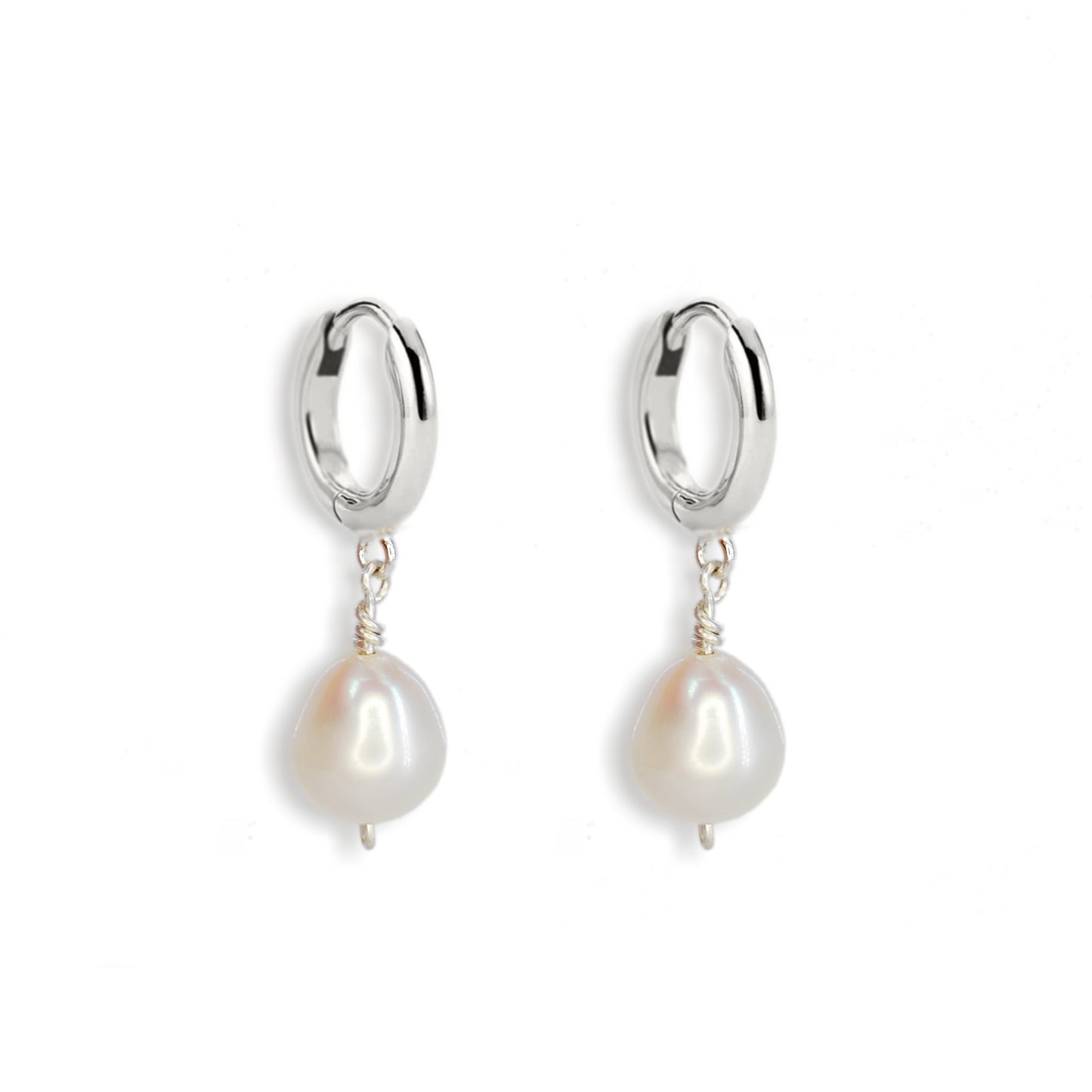 Silver Huggie White Freshwater Pearl Drop Earrings