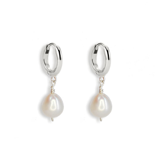Silver Huggie White Freshwater Pearl Drop Earrings